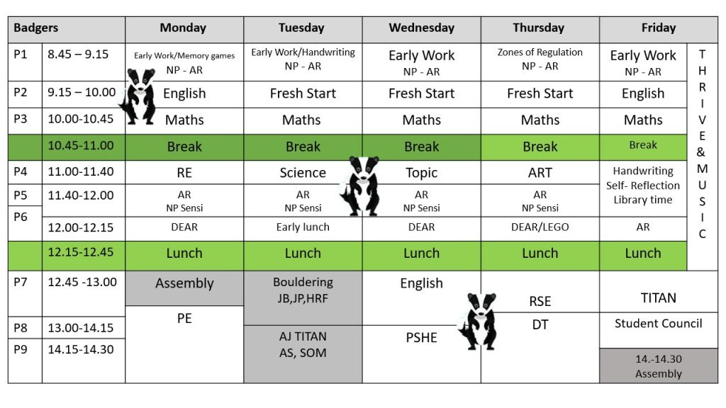 Badgers class timetable